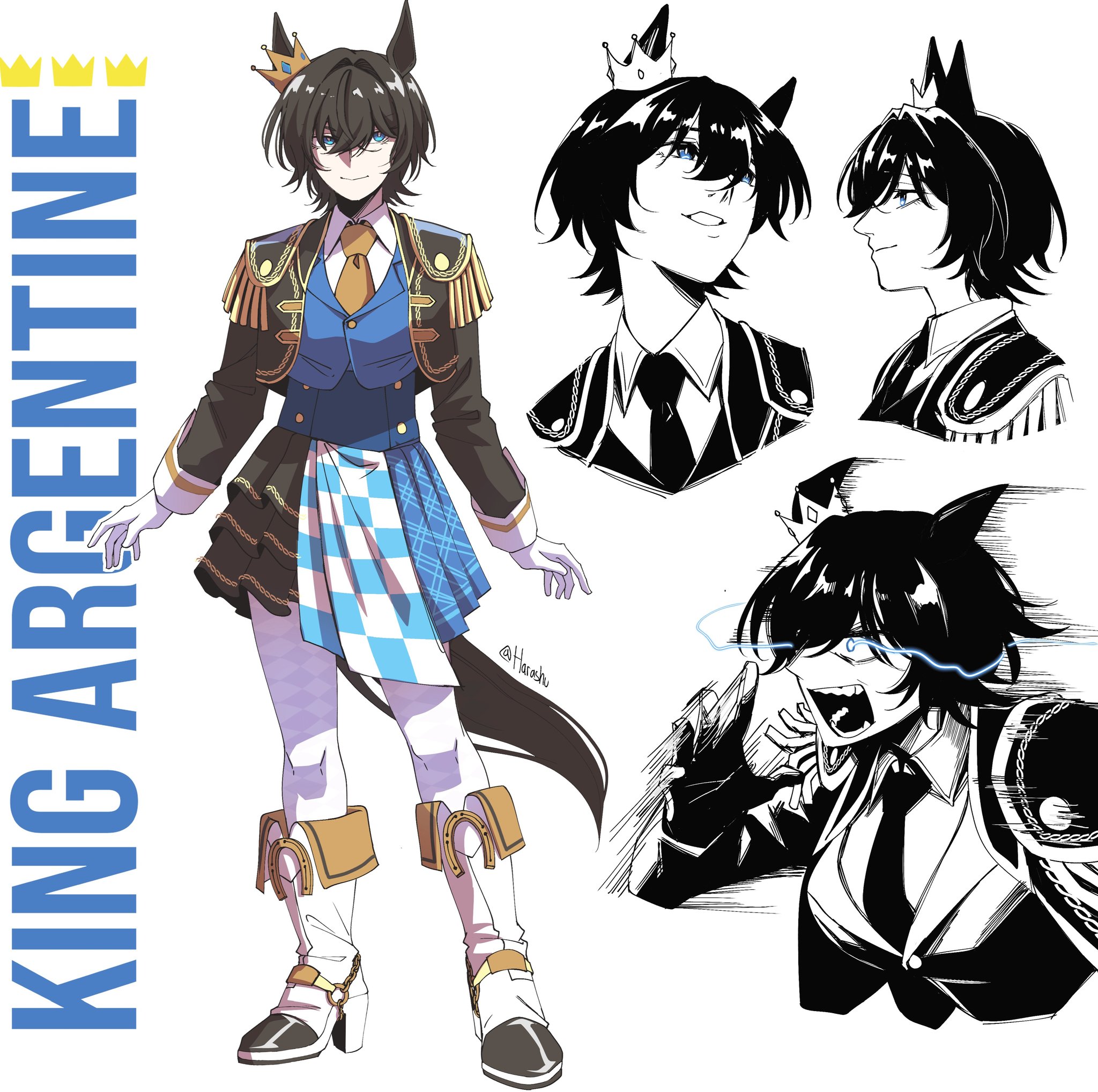 harashu (harashu96), original, umamusume, highres, animal ears, boots, crown, horse ears, horse girl, horse tail, horseshoe ornament, king argentine (racehorse), necktie, tail, yellow necktie