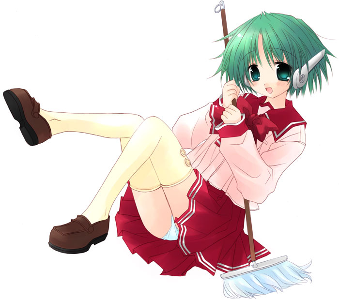 sakurazawa izumi, multi (to heart), to heart, to heart (series), green eyes, green hair, mop, panties, robot ears, school uniform, serafuku, short hair, solo, thighhighs, underwear