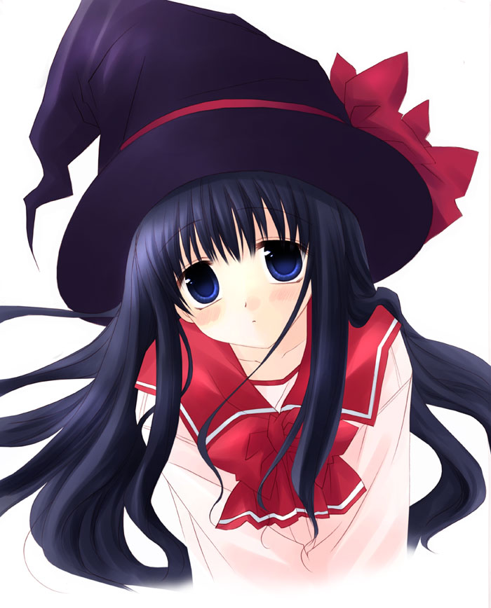 sakurazawa izumi, kurusugawa serika, to heart, to heart (series), blue eyes, hat, long hair, school uniform, serafuku, solo, witch hat