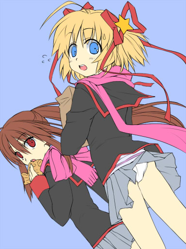 satomi yoshitaka, kamikita komari, natsume rin, little busters!, unfinished, 2girls, :o, blonde hair, blue eyes, brown hair, grey skirt, long sleeves, looking at viewer, miniskirt, multiple girls, open mouth, panties, pantyshot, pink scarf, pleated skirt, ponytail, red eyes, scarf, short hair, skirt, standing, underwear, upskirt, white panties