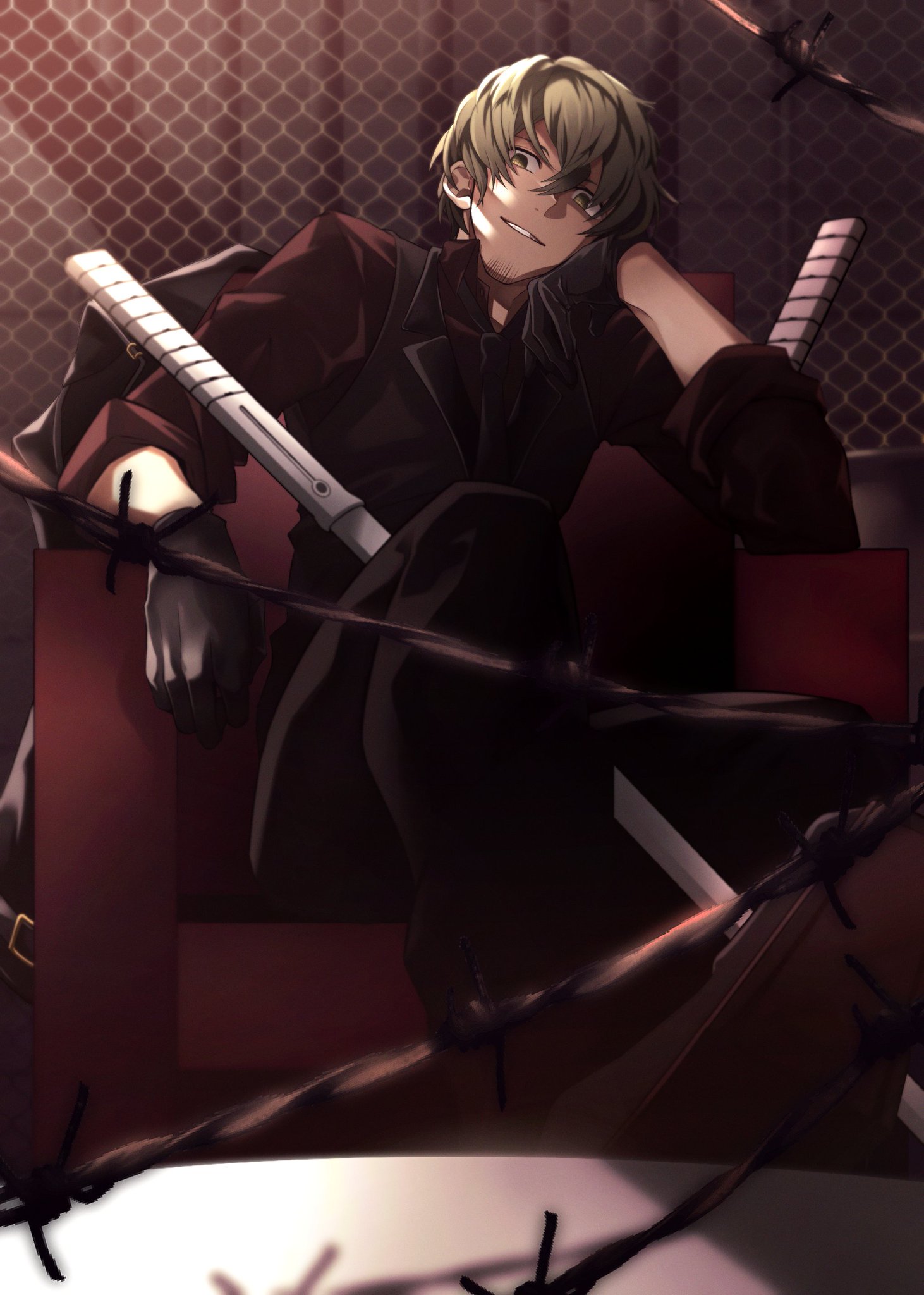morita yuu, tachikawa kei, world trigger, highres, brown hair, facial hair, goatee, looking at viewer, male focus, open mouth, sitting, sitting on throne, solo, sword, tuxedo, weapon
