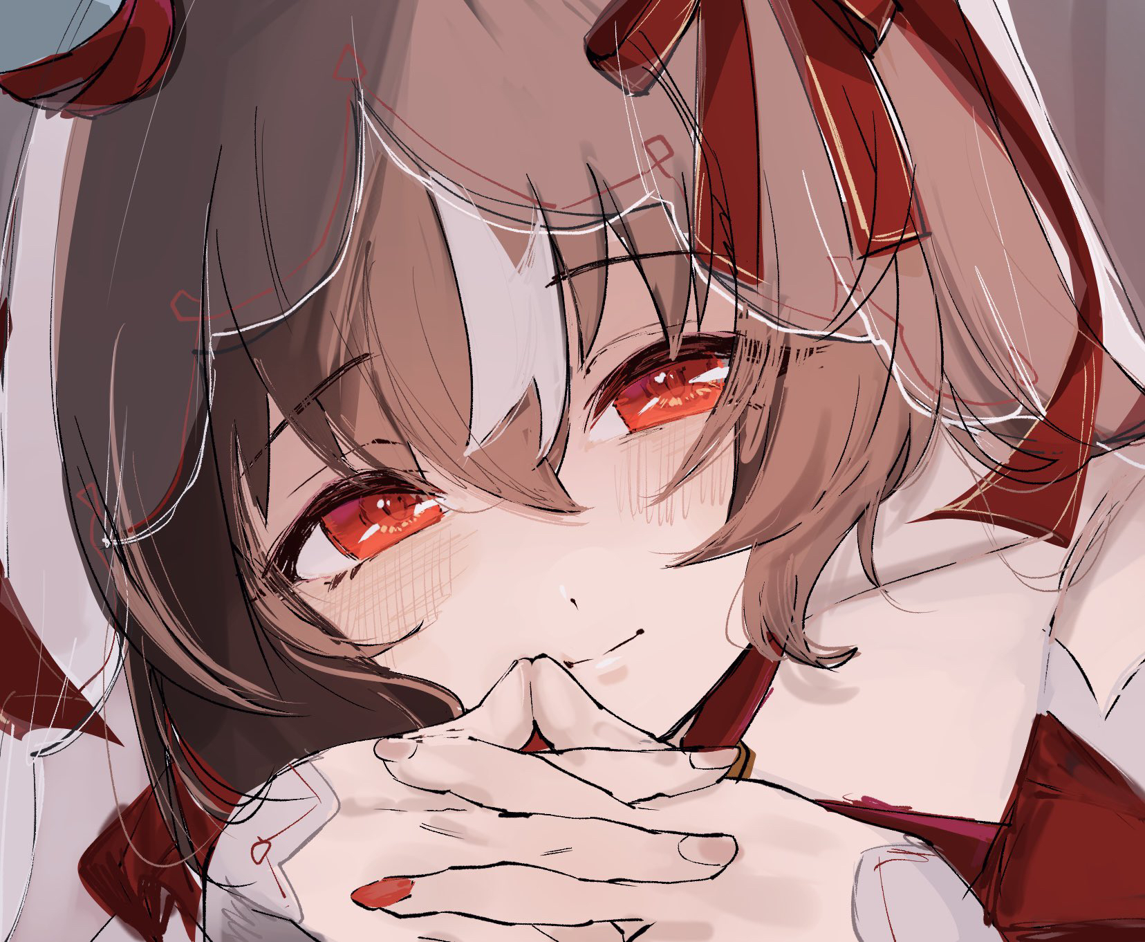 still in love (umamusume), umamusume, commentary request, highres, 1girl, blush, brown hair, interlocked fingers, komekome pp, looking at viewer, loose hair strand, portrait, red eyes, red nails, red ribbon, ribbon, see-through clothes, see-through veil, smile, solo, veil