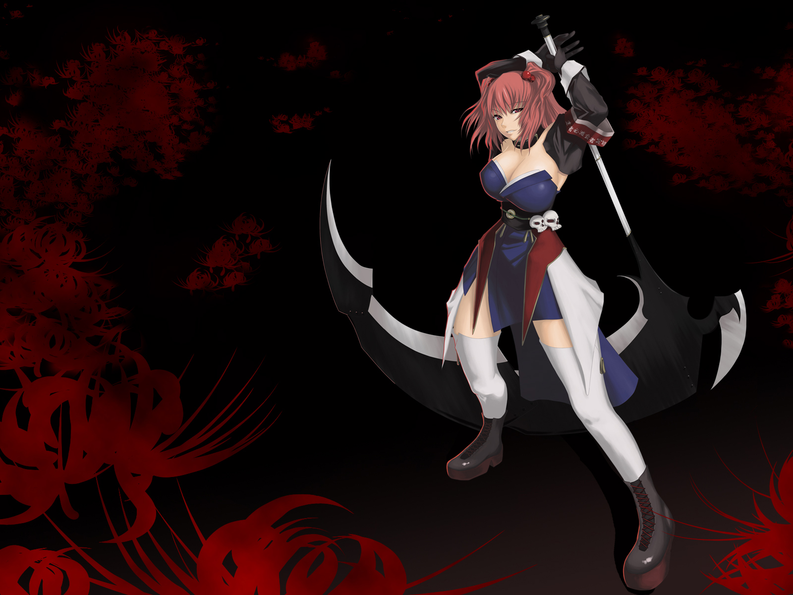 muchakushoku, onozuka komachi, touhou, highres, 1girl, black boots, boots, female focus, scythe, solo