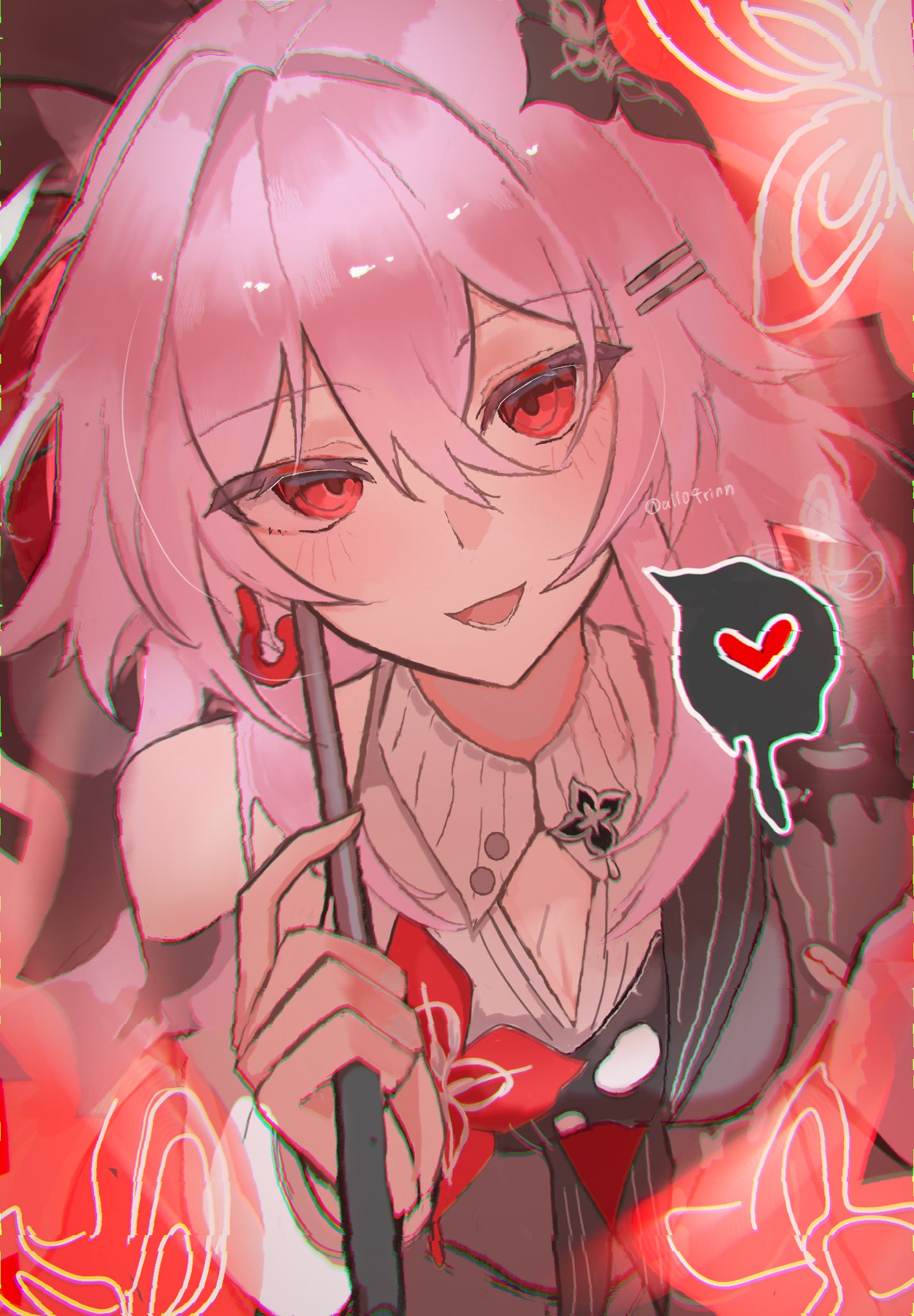 evernight (honkai: star rail), march 7th (honkai: star rail), honkai: star rail, honkai (series), highres, 1girl, a1104rinn, black dress, breasts, chromatic aberration, dress, earrings, flower, hair between eyes, hair flower, hair intakes, hair ornament, hairclip, heart, holding, holding umbrella, jewelry, layered dress, long hair, looking at viewer, official alternate costume, open mouth, parallel hairclips, pink hair, red eyes, single bare shoulder, single earring, smile, solo, spoken heart, twitter username, umbrella, white dress