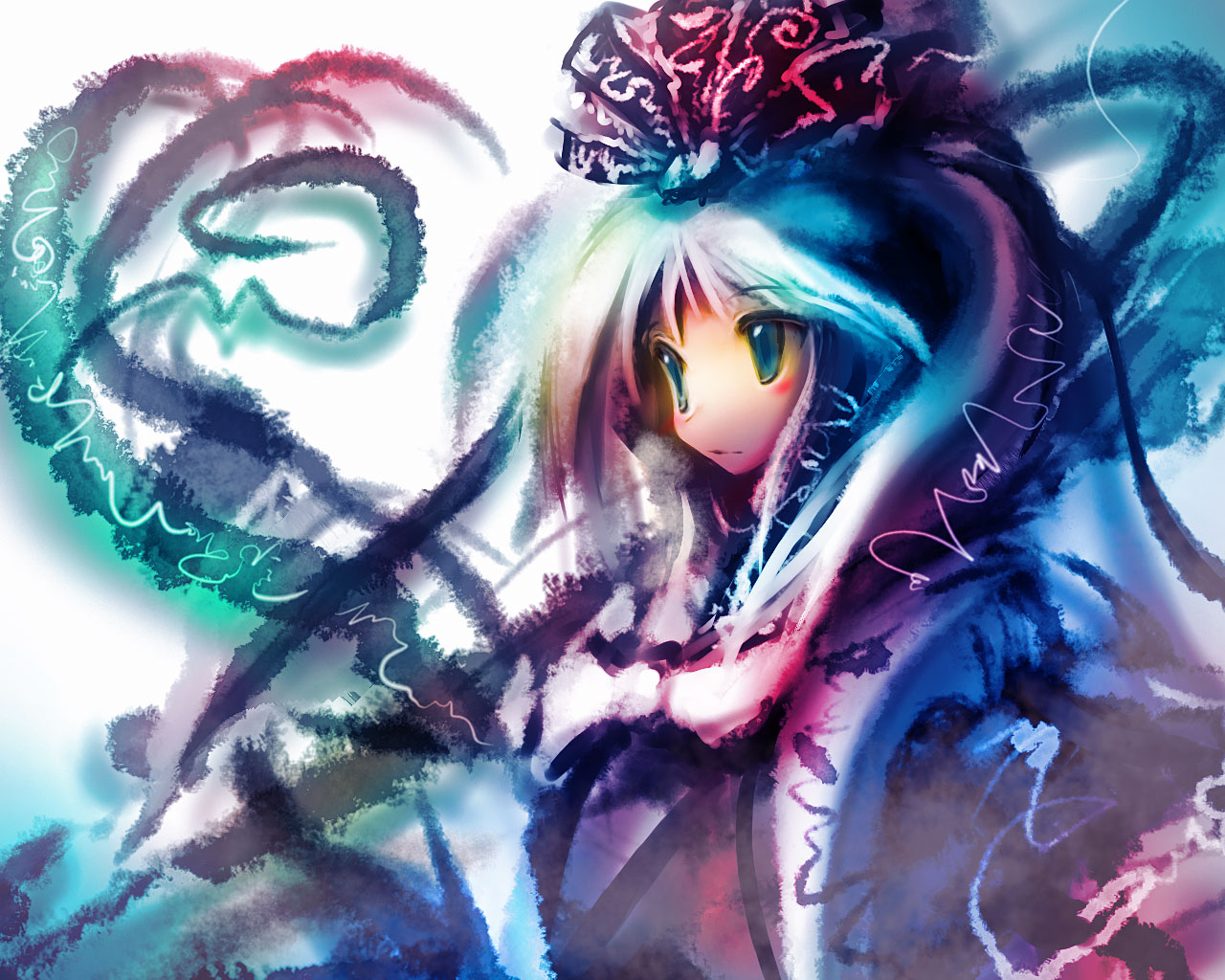 tanaka ken'ichi, kagiyama hina, touhou, looking away, 1girl, aqua hair, blush, bow, closed mouth, expressionless, female focus, front ponytail, green eyes, hat, long hair, pink bow, pink hat, shawl, simple background, solo, upper body, white background