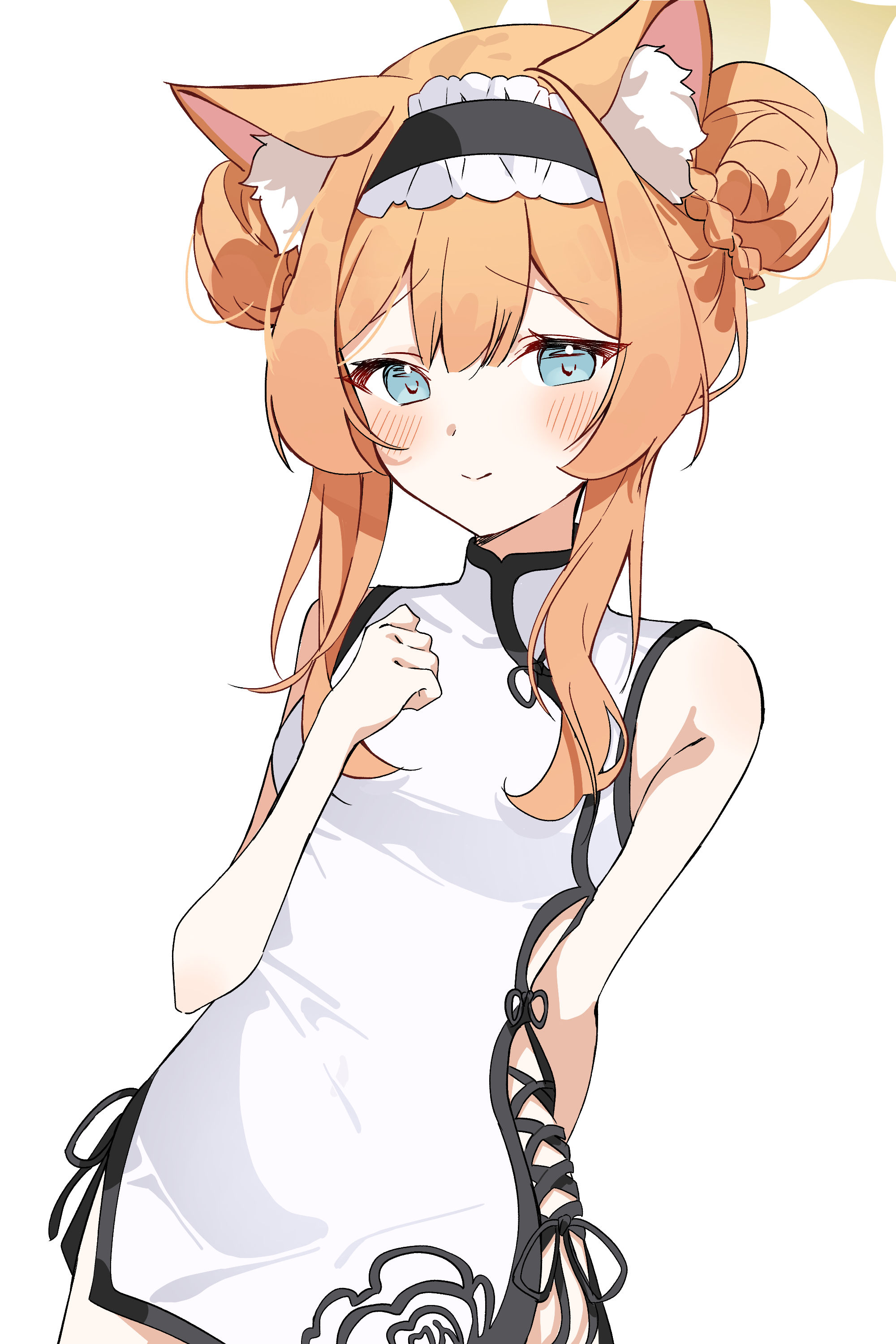 comorebi, mari (blue archive), blue archive, absurdres, highres, 1girl, alternate costume, alternate hairstyle, animal ear fluff, animal ears, arm behind back, black hairband, blue eyes, blush, braid, breasts, china dress, chinese clothes, closed mouth, cowboy shot, double bun, dress, fox ears, fox girl, frilled hairband, frills, hair bun, hairband, halo, long hair, looking at viewer, orange hair, simple background, sleeveless, sleeveless dress, small breasts, smile, solo, white background, white dress, yellow halo