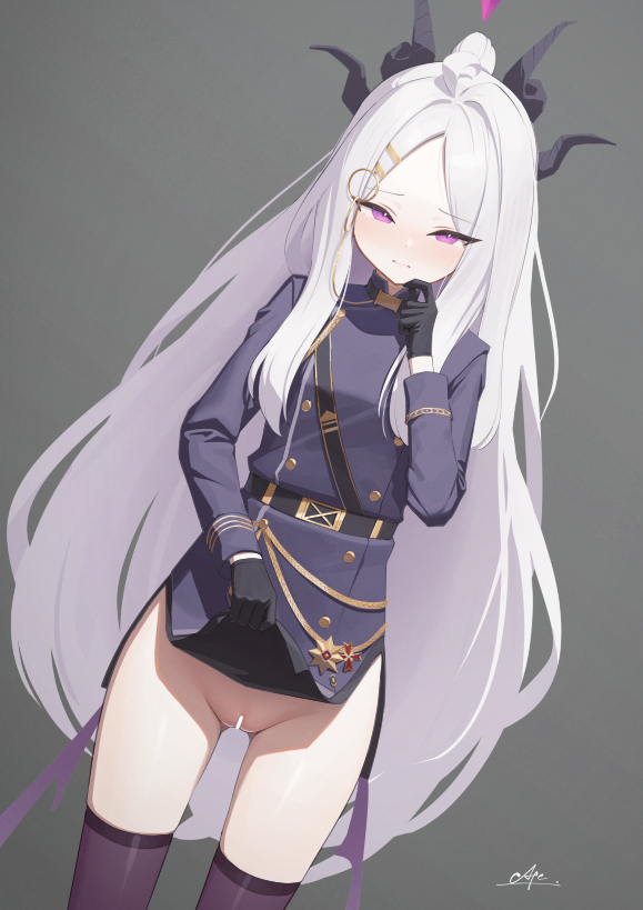 afe., hina (blue archive), blue archive, commentary, 1girl, bar censor, black gloves, censored, clothes lift, gloves, halo, horns, lifting own clothes, long hair, purple eyes, skirt, solo, thighhighs, very long hair, white hair
