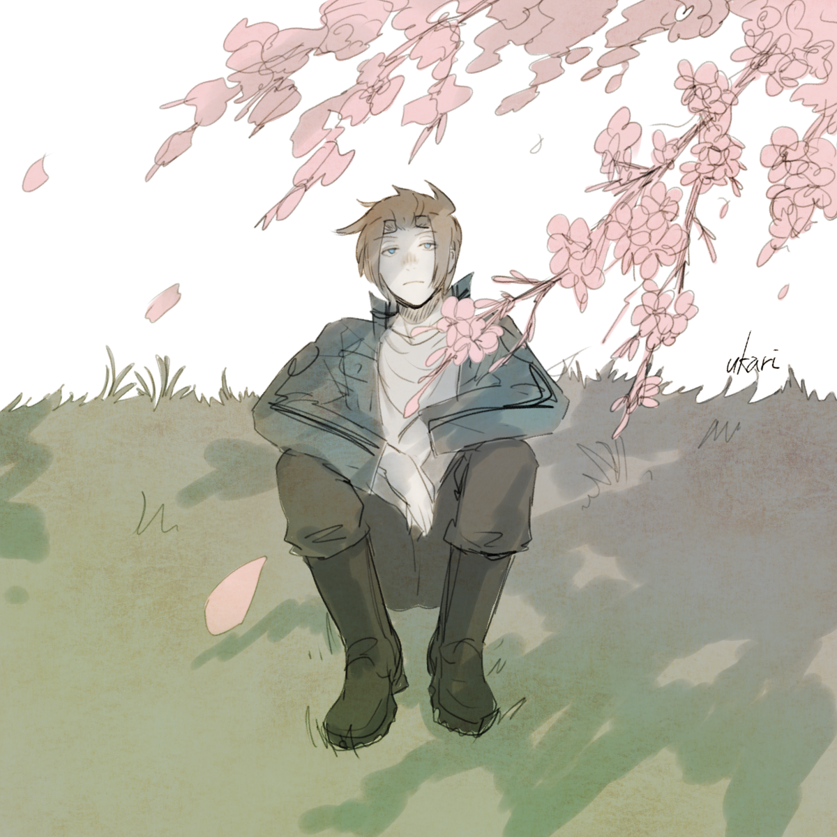 jin yuuichi, world trigger, highres, brown hair, cherry blossoms, closed mouth, grass, jacket, male focus, on grass, on ground, sitting, solo, tree, user prn0482