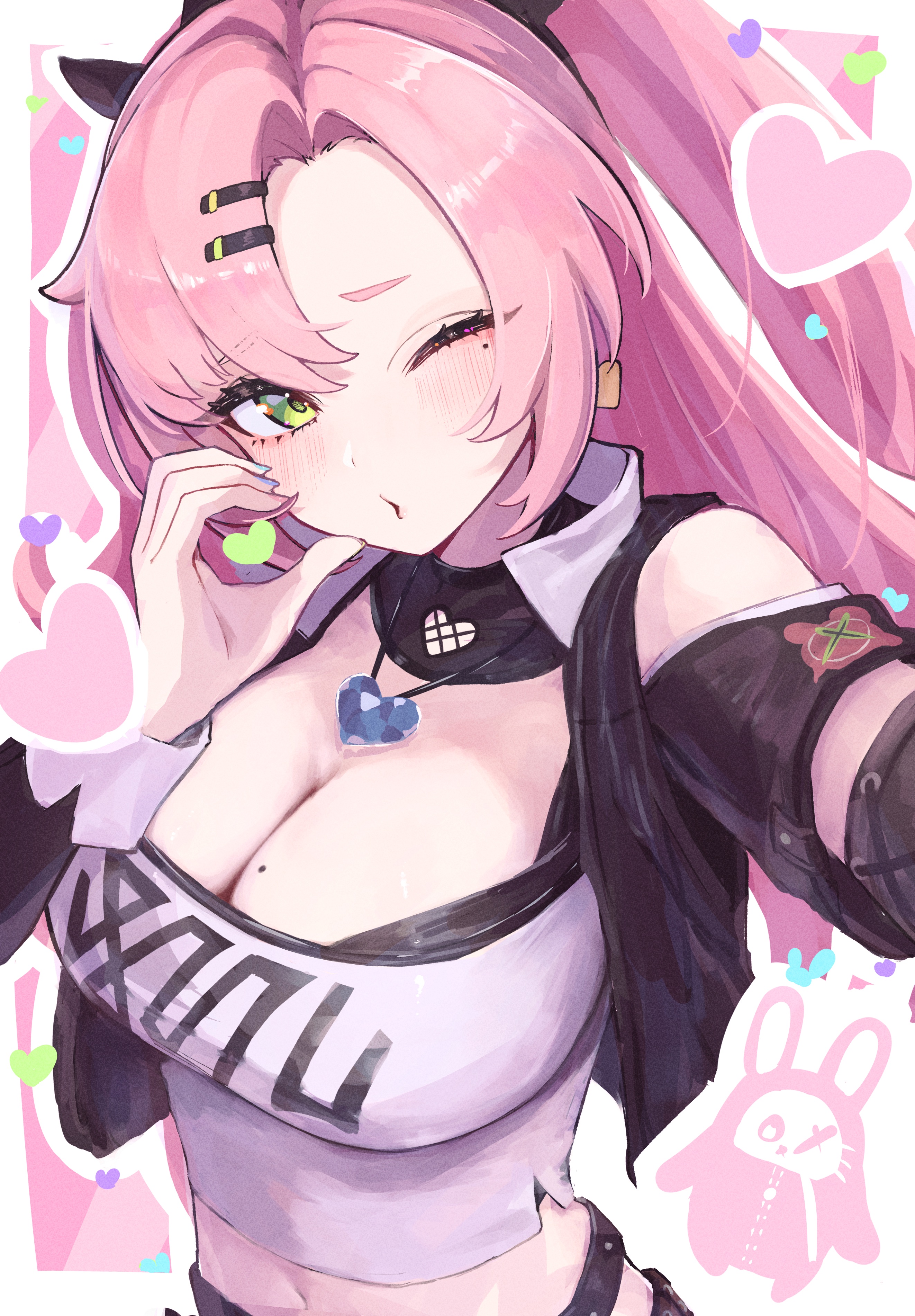 sanshoku dango (shukosuko), nicole demara, zenless zone zero, absurdres, commentary request, highres, 1girl, blowing kiss, breasts, cleavage, crop top, green eyes, hair ornament, hairclip, half-heart hands, heart, large breasts, long hair, looking at viewer, midriff, mole, mole on breast, mole under eye, navel, one eye closed, parallel hairclips, pink hair, selfie, single bare shoulder, solo, two side up, upper body