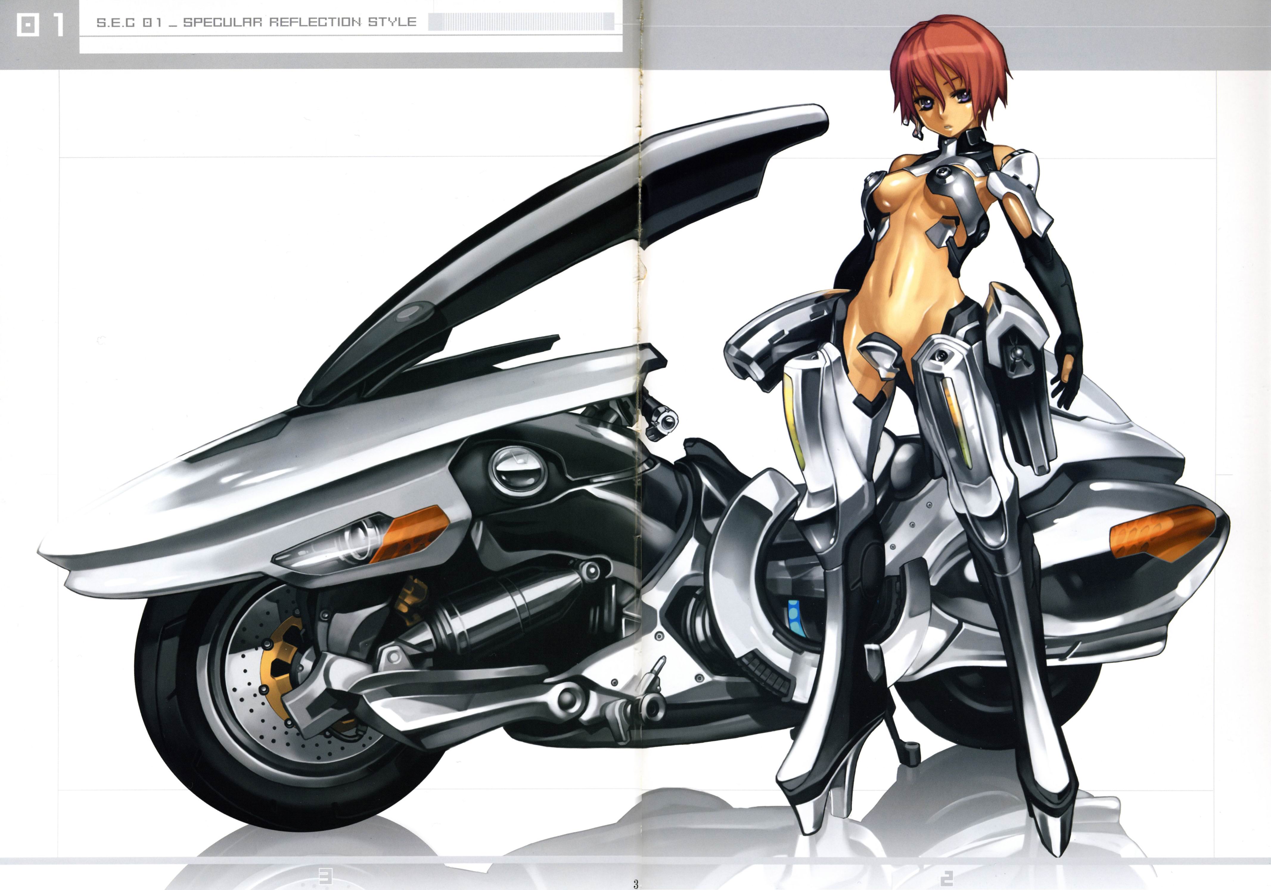 nagi ryou, s.e.c 01 specular reflection, vehicle, absurdres, highres, scan, scan artifacts, 1girl, armor, blue eyes, boots, bra, breasts, elbow gloves, female focus, full body, gloves, large breasts, lingerie, mecha, midriff, motor vehicle, motorcycle, navel, red hair, reflection, robot, short hair, solo, underboob, underwear