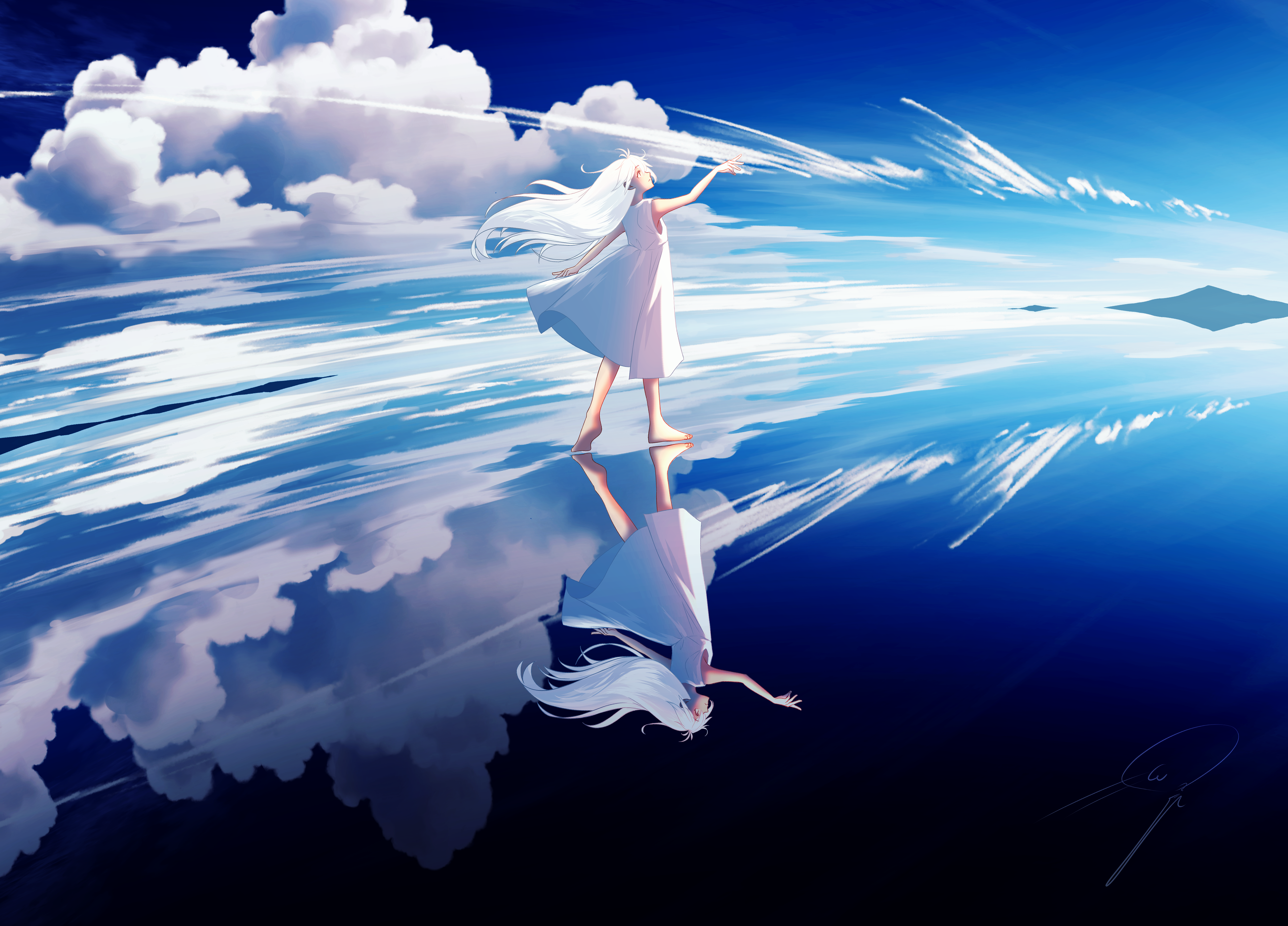 nengoro, original, absurdres, commentary, english commentary, highres, 1girl, arm up, barefoot, blue sky, blue theme, cloud, day, dress, expressionless, floating hair, long hair, looking up, medium dress, outdoors, reflective surface, scenery, signature, sky, sleeveless, sleeveless dress, solo, standing, white dress, white hair, wide shot