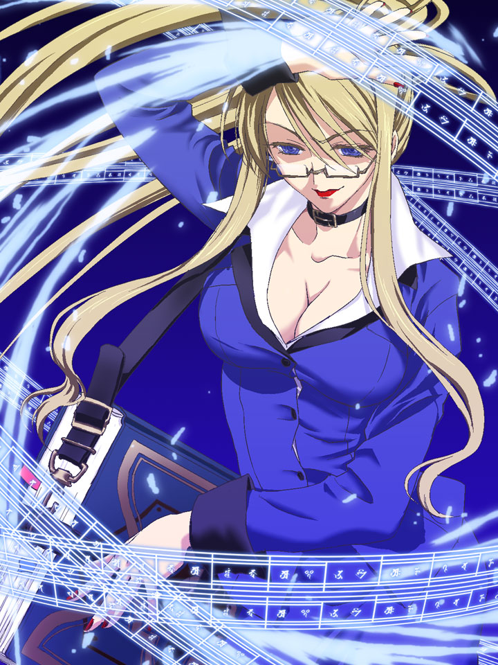 iga tomoteru, margery daw, shakugan no shana, 00s, 1girl, blonde hair, blue eyes, breasts, choker, cleavage, female focus, formal clothes, glasses, large breasts, magic, pencil skirt, siddham, skirt, skirt suit, solo, suit