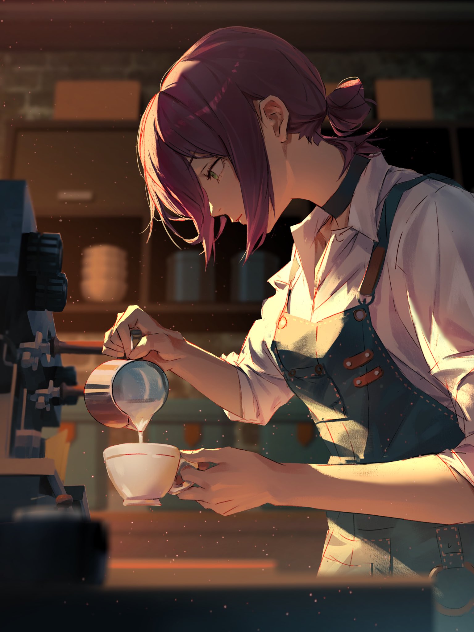 kozzz y, reze (chainsaw man), chainsaw man, highres, 1girl, apron, black choker, choker, green eyes, hair between eyes, hair bun, milk, purple hair, shirt, short hair, solo, white shirt