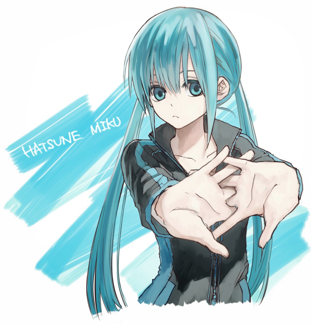 hashimoto kokai, hatsune miku, vocaloid, 1girl, blue eyes, blue hair, cracking knuckles, jacket, long hair, simple background, solo, stretching, track jacket, twintails