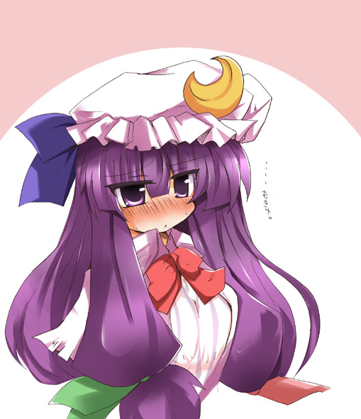 shirogane (platinum), patchouli knowledge, touhou, 1girl, blunt bangs, blush, bow, bowtie, crescent, dress, female focus, frills, hat, jitome, long sleeves, mob cap, purple eyes, purple hair, red bow, red bowtie, simple background, solo, upper body, white background, white dress