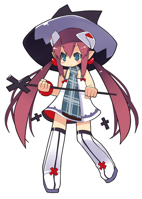 zankuro, original, bad id, bad pixiv id, full body, long hair, plaid clothes, plaid scarf, pointy ears, scarf, simple background, solo, thighhighs, twintails, very long hair, white background, witch, zettai ryouiki