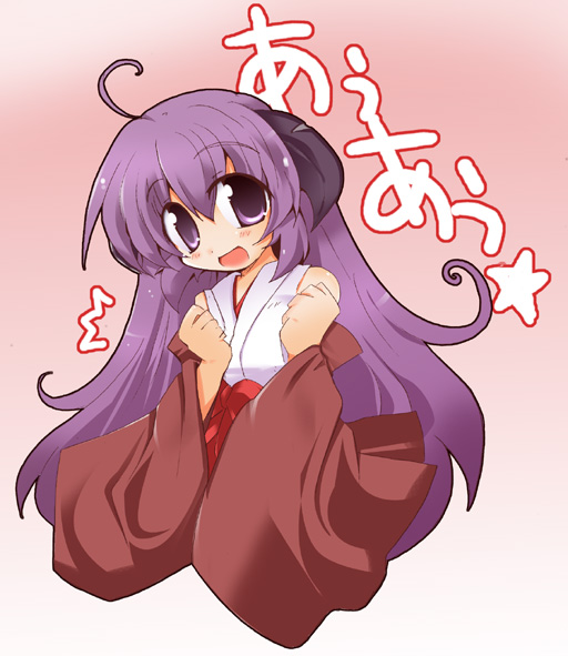 shirogane (platinum), hanyuu, higurashi no naku koro ni, 00s, 1girl, :d, ahoge, blush, female focus, hakama, hakama short skirt, hakama skirt, japanese clothes, kimono, long hair, long sleeves, looking at viewer, miko, open mouth, purple eyes, purple hair, skirt, smile, solo, tareme, very long hair