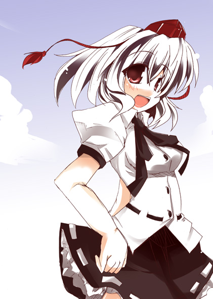 shirogane (platinum), inubashiri momiji, shameimaru aya, touhou, 1girl, cosplay, female focus, hat, looking at viewer, open mouth, shameimaru aya (cosplay), solo