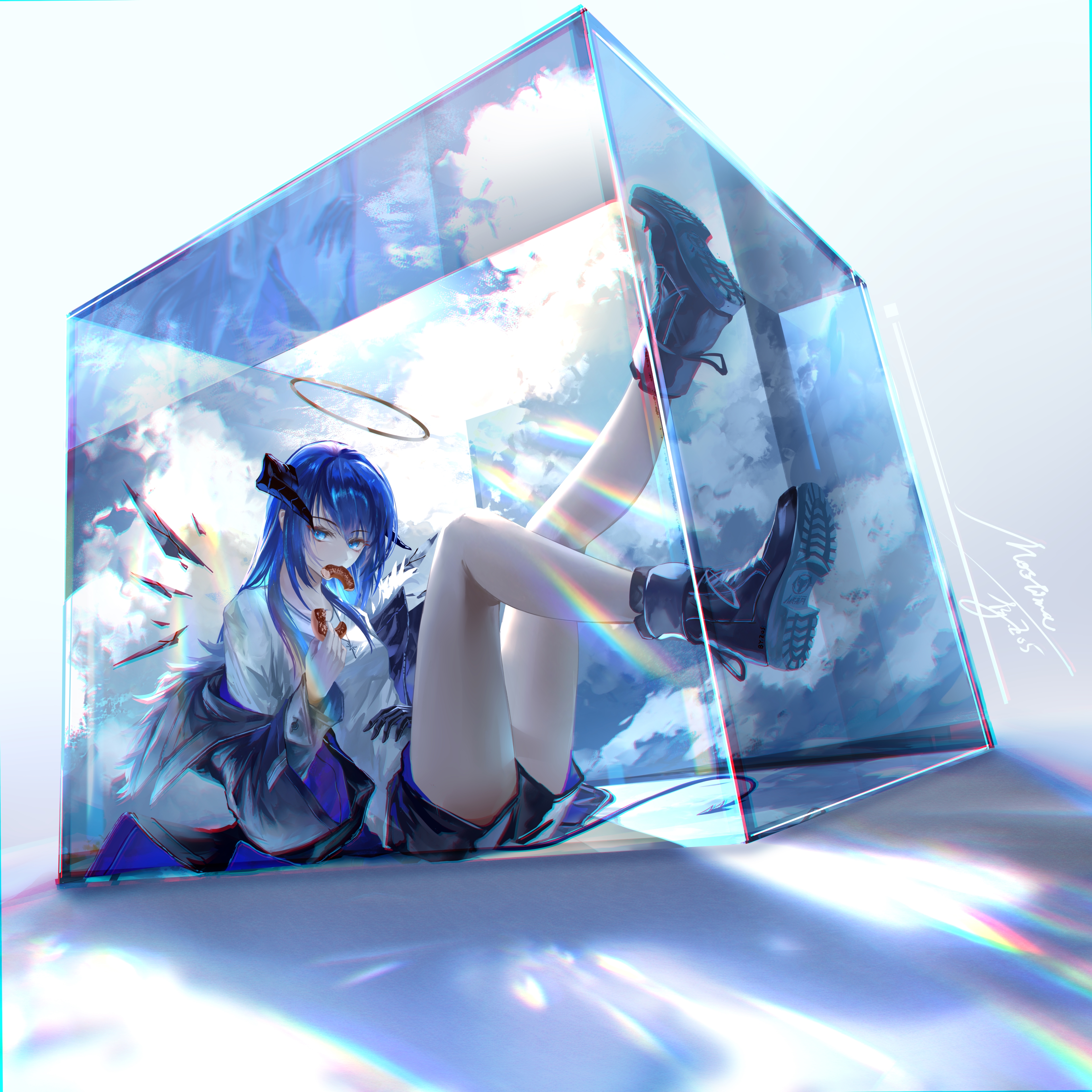 z 05, mostima (arknights), arknights, absurdres, commentary request, highres, 1girl, ankle boots, black boots, black gloves, black shorts, blue eyes, blue hair, boots, cube, curled horns, detached wings, donut, energy wings, food, full body, gloves, halo, hand on own stomach, holding, holding donut, holding food, horns, in container, in cube, jacket, lace-up boots, lens flare, long hair, looking at viewer, mouth hold, off shoulder, open clothes, open jacket, shirt, shorts, signature, sitting, solo, tail, white shirt, wings