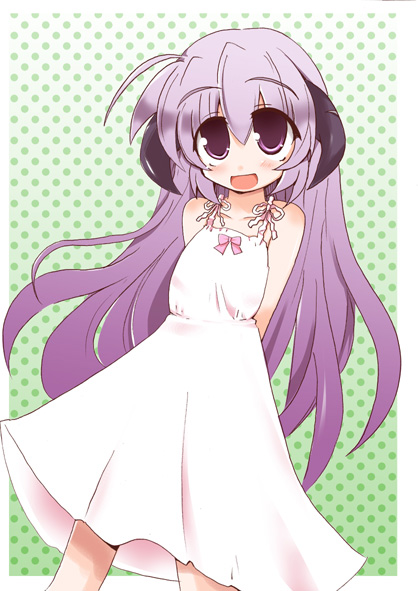 shirogane (platinum), hanyuu, higurashi no naku koro ni, 00s, 1girl, dress, female focus, horns, long hair, open mouth, purple eyes, purple hair, smile, solo