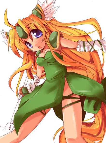 shirogane (platinum), riesz, seiken densetsu, seiken densetsu 3, 1girl, :o, ahoge, blonde hair, blue eyes, breasts, cleavage, collarbone, dress, elbow gloves, female focus, from below, gloves, green dress, long hair, looking at viewer, looking down, low-tied long hair, open mouth, simple background, solo, thigh strap, very long hair, white background, white gloves