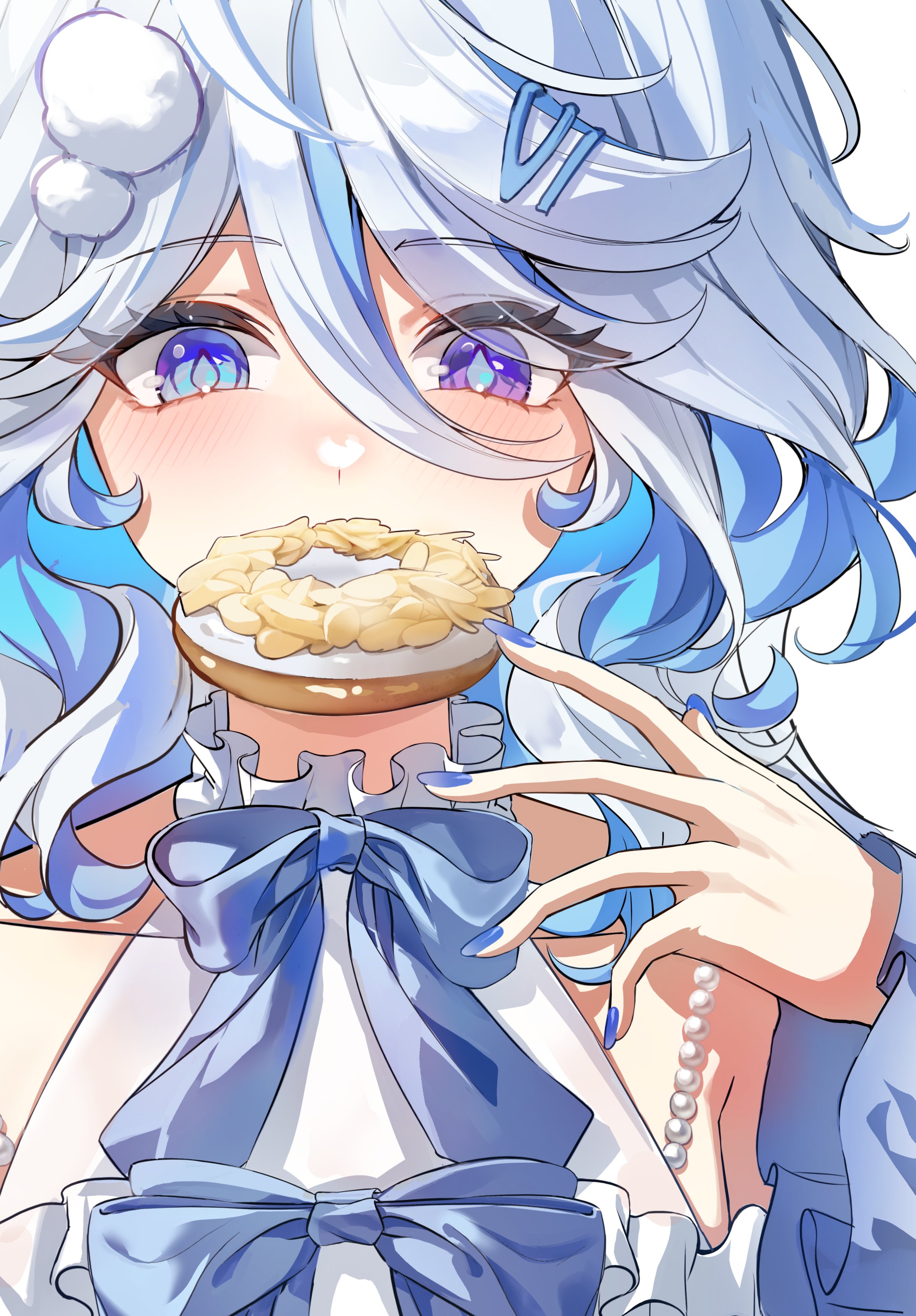 dasha, furina (genshin impact), genshin impact, absurdres, highres, 1girl, blue bow, blue eyes, blue hair, blush, bow, donut, food, hair ornament, hairclip, simple background, solo, white background