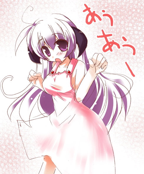 shirogane (platinum), hanyuu, higurashi no naku koro ni, 00s, 1girl, :o, apron, bare shoulders, black ribbon, blush, breasts, collar, female focus, hair ribbon, horns, large breasts, long hair, looking at viewer, naked apron, open mouth, purple eyes, purple hair, ribbon, sleeveless, solo, tareme, very long hair