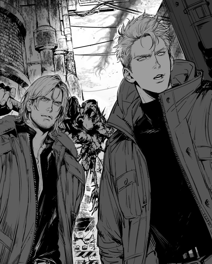 t4gamo, dante (devil may cry), nero (devil may cry), devil may cry (series), devil may cry 5, black shirt, blue eyes, breast pocket, closed mouth, coat, facial hair, holding, holding weapon, jacket, long sleeves, looking at viewer, male focus, open clothes, open coat, open jacket, parted hair, pocket, red coat, red jacket, shirt, sword, unzipped, upper body, weapon, white hair, zipper