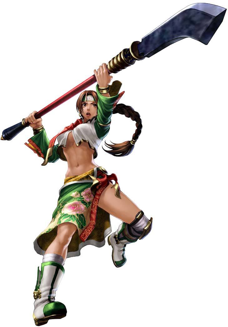 kawano takuji, seong mi-na, namco, soul calibur, soulcalibur, soulcalibur iv, official art, 1girl, abs, boots, braid, brown eyes, brown hair, earrings, female focus, floral print, glaive (polearm), halberd, headband, jewelry, korean clothes, long hair, midriff, navel, partisan (weapon), polearm, sarong, single braid, solo, weapon