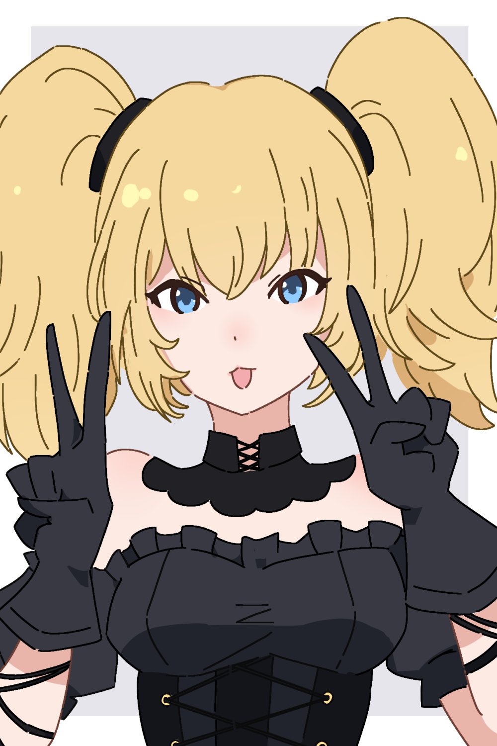 user hjst2287, ani (xai), xai (company), highres, 1girl, black choker, black corset, black dress, black gloves, blonde hair, blue eyes, choker, corset, double v, dress, gloves, hair between eyes, looking at viewer, puffy short sleeves, puffy sleeves, short sleeves, simple background, solo, twintails, upper body, v