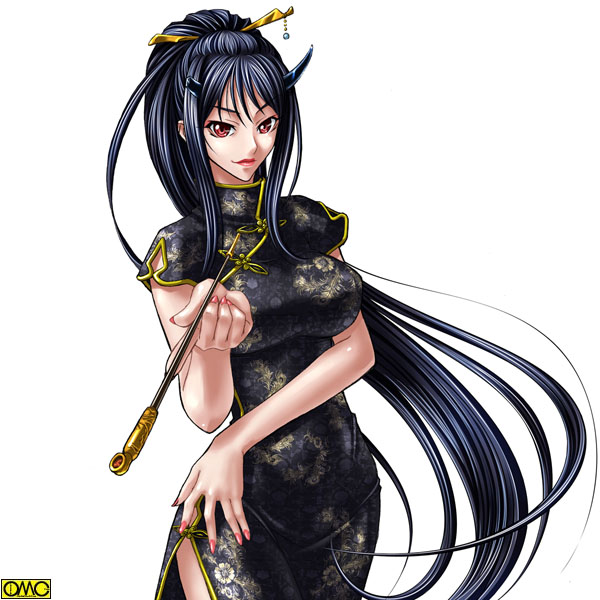 kagami hirotaka, omc, akezuka magane, tokyo kaidan, 1girl, black dress, black hair, breasts, broken horn, china dress, chinese clothes, cowboy shot, dress, female focus, fingernails, floral print, hair ornament, hand on own hip, high ponytail, holding, holding smoking pipe, horns, kanzashi, kiseru, large breasts, lipstick, long fingernails, long hair, looking at viewer, makeup, nail polish, pink nails, ponytail, red eyes, red lips, short sleeves, side slit, simple background, smile, smoking pipe, solo, standing, turtleneck, very long hair, white background, wide hips