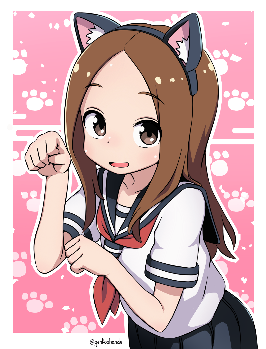 genkouhande, takagi-san, karakai jouzu no takagi-san, highres, 1girl, animal ear hairband, animal ears, border, brown eyes, brown hair, cat ears, collarbone, fake animal ears, hairband, long hair, looking at viewer, neckerchief, open mouth, paw pose, pleated skirt, red neckerchief, sailor collar, school uniform, shirt, skirt, solo, white border, white shirt