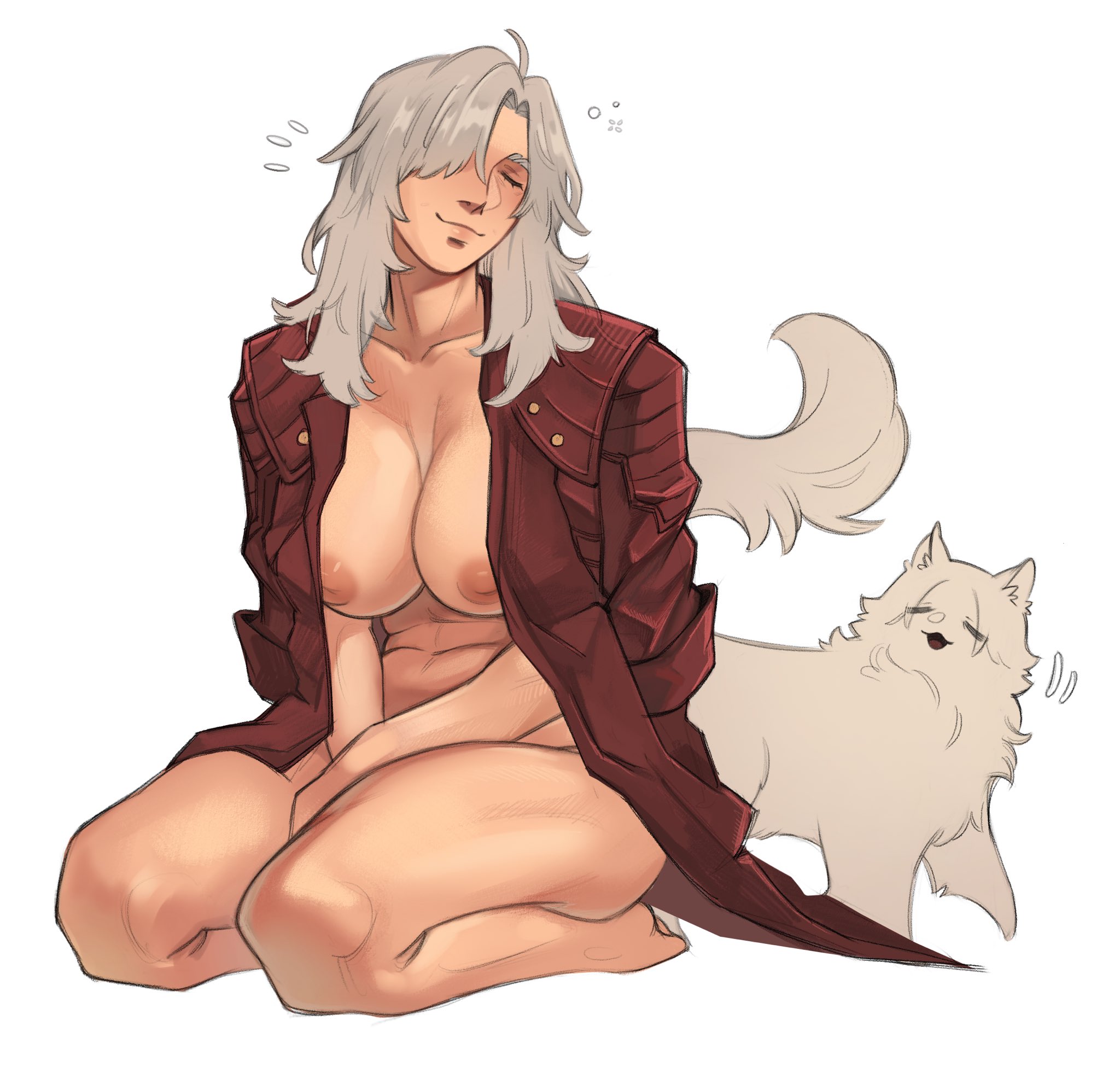 50gryvnia, dante (devil may cry), devil may cry (series), devil may cry 5, highres, 1girl, abs, breasts, closed eyes, coat, full body, genderswap, genderswap (mtf), grey hair, kneeling, large breasts, long hair, muscular, muscular female, open clothes, open coat, red coat, smile, solo, toned