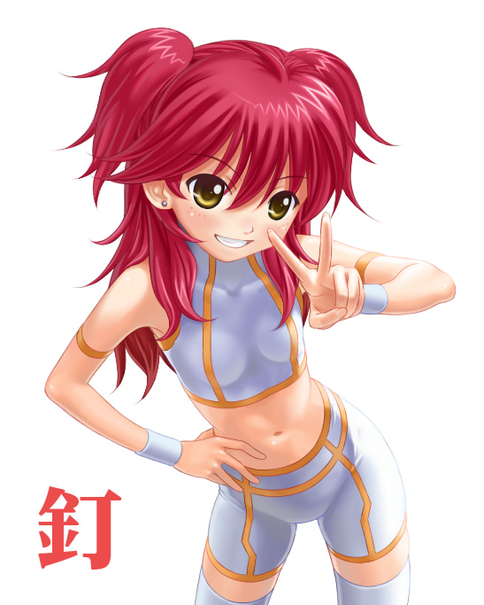 nekopuchi, nena trinity, gundam, gundam 00, translation request, 00s, 1girl, blush, earrings, female focus, freckles, jewelry, midriff, navel, red hair, shorts, simple background, smile, solo, thighhighs, two side up, v, white background, white thighhighs, yellow eyes, zettai ryouiki