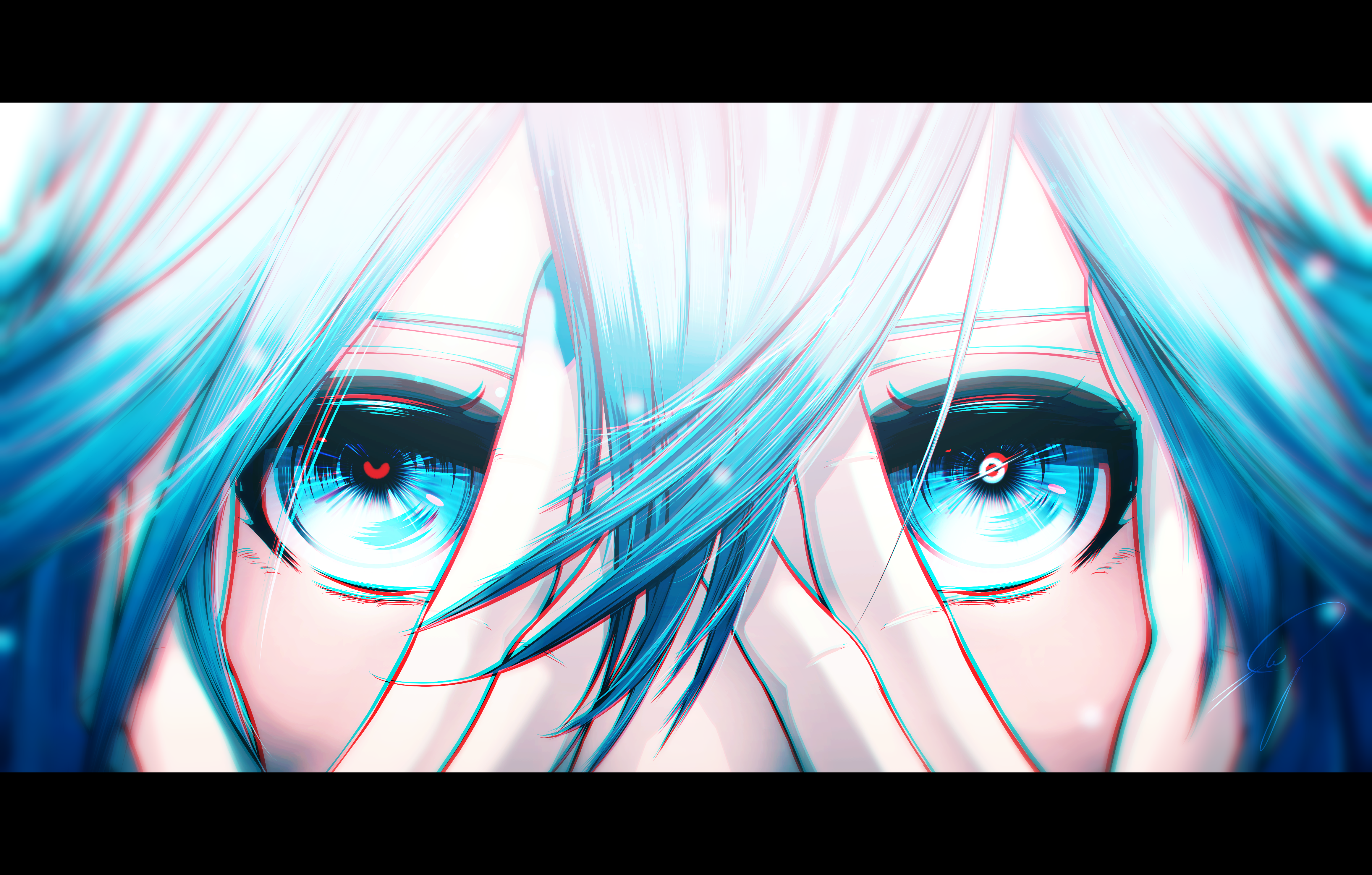 nengoro, hatsune miku, vocaloid, absurdres, commentary request, highres, 1girl, aqua eyes, aqua hair, aqua nails, chromatic aberration, double-parted bangs, eye focus, hair between eyes, hands on own face, letterboxed, long bangs, solo