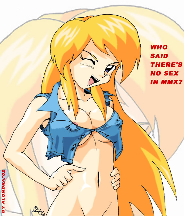 capcom, mega man (series), 1girl, blonde hair, blue eyes, bottomless, breasts, cleavage, covered erect nipples, long hair, navel, one eye closed, open mouth, wink