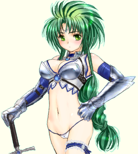 yagisaka seto, jochuu-san, original, lowres, 1girl, armor, bikini armor, female focus, green hair, oekaki, solo