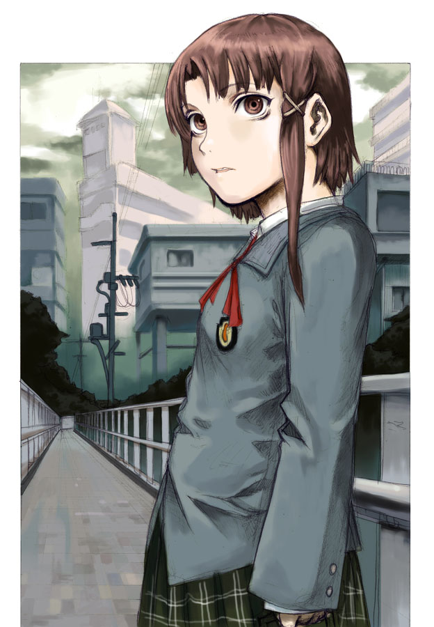 shaun (nine o), iwakura lain, serial experiments lain, 1990s (style), 1girl, brown eyes, brown hair, female focus, hair ornament, hairclip, retro artstyle, school uniform, serafuku, skirt, solo