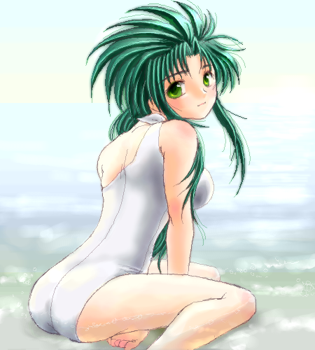 yagisaka seto, jochuu-san, original, lowres, 1girl, barefoot, day, female focus, green eyes, green hair, long hair, looking at viewer, looking back, matching hair/eyes, oekaki, one-piece swimsuit, sitting, solo, swimsuit, white one-piece swimsuit, yokozuwari