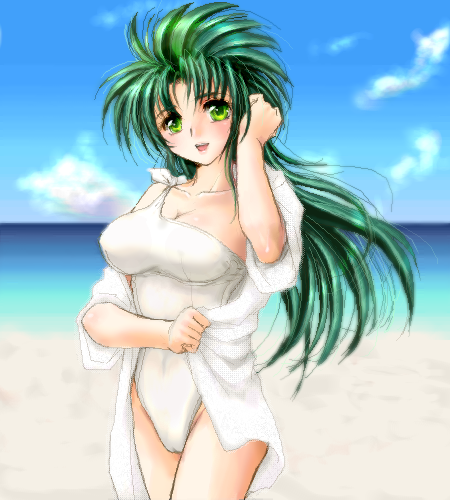 yagisaka seto, jochuu-san, original, lowres, 1girl, female focus, green hair, oekaki, one-piece swimsuit, solo, swimsuit