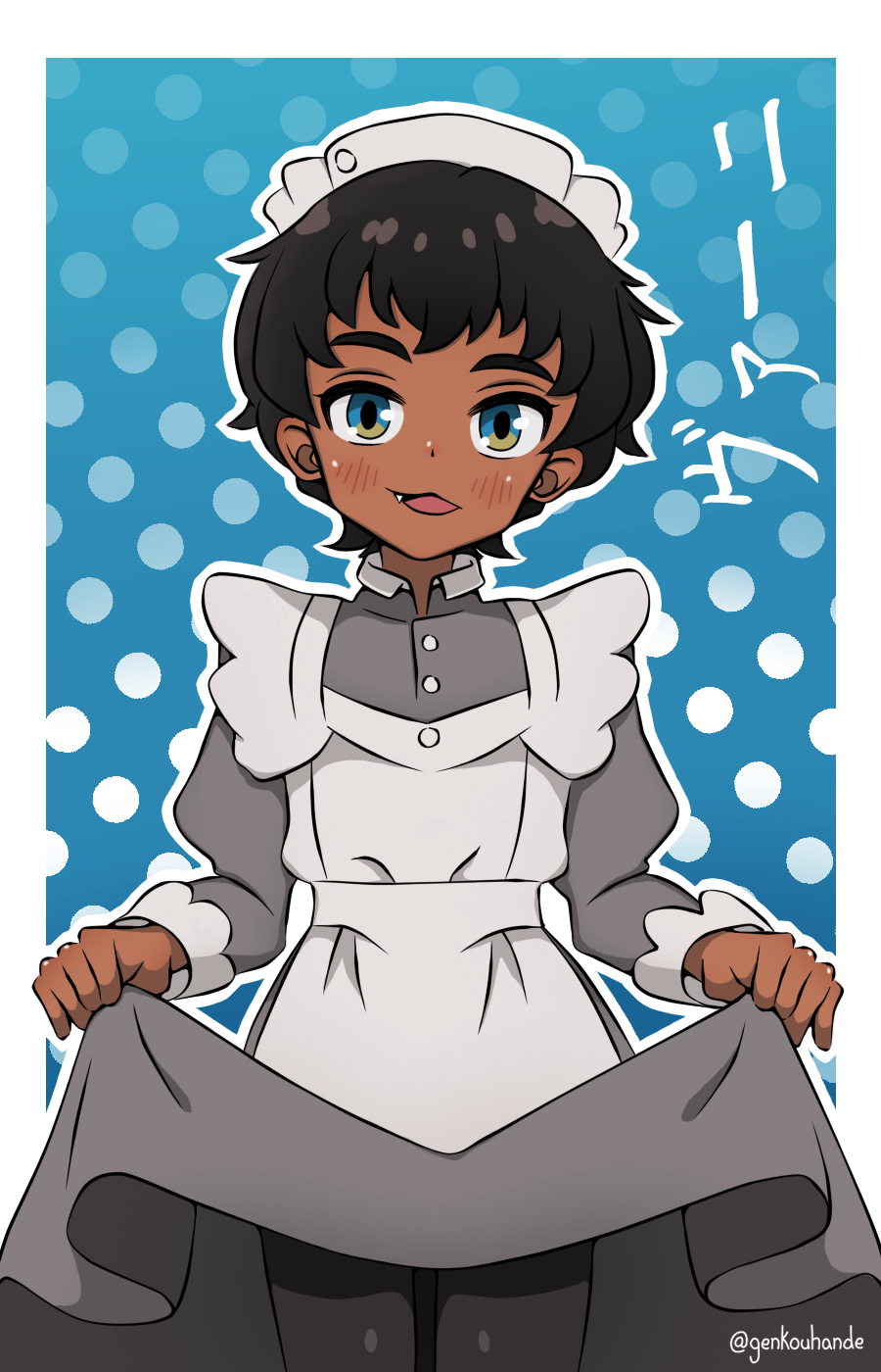 genkouhande, vani (gundam), gundam, gundam gquuuuuux, highres, 1girl, black hair, black pantyhose, blush, border, dark-skinned female, dark skin, dress, fang, grey dress, juliet sleeves, long sleeves, maid, maid headdress, pantyhose, puffy sleeves, short hair, solo, white border