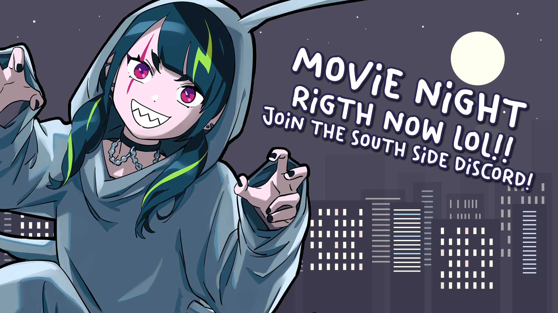 coqui, 3am, artist request, commentary, english commentary, highres, official art, second-party source, 1girl, animal ear hood, black choker, black hair, black nails, blunt bangs, building, choker, city, claw pose, ear piercing, earrings, eyelashes, fake animal ears, full moon, green hair, hood, hood up, jewelry, moon, multicolored hair, nail polish, night, onesie, piercing, red eyes, scar, scar across eye, scar on face, sharp teeth, smile, solo, star (sky), streaked hair, teeth, twintails, v-shaped eyebrows, virtual youtuber