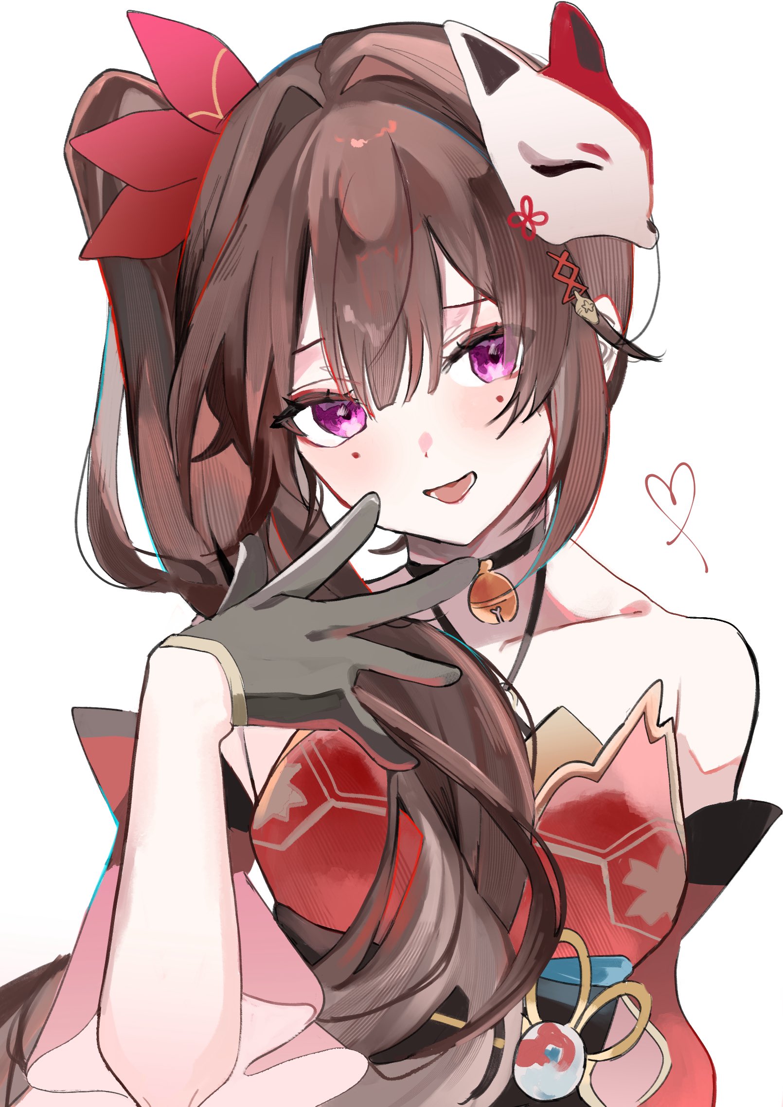 niiro 229, sparkle (honkai: star rail), honkai: star rail, honkai (series), highres, 1girl, bell, black choker, choker, collarbone, dress, fox mask, mark under both eyes, mask, mask on head, neck bell, open mouth, purple eyes, red dress, simple background, solo, upper body, white background