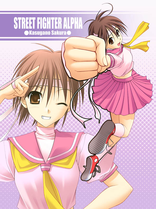 takepon, kasugano sakura, capcom, re:versal!!, street fighter, 1girl, alternate color, character name, copyright name, headband, neckerchief, pink skirt, school uniform, serafuku, shirt, short hair, skirt, socks, white shirt, yellow neckerchief