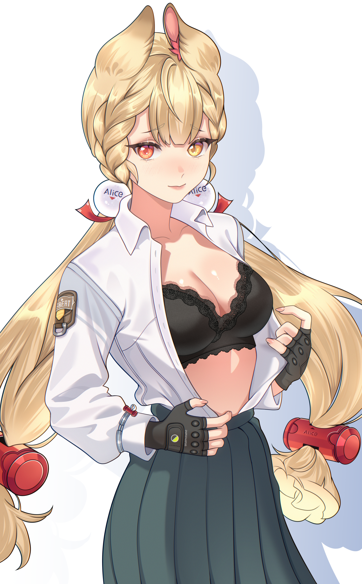 steklowataa, alice thymefield, zenless zone zero, highres, 1girl, animal ears, blonde hair, blush, breasts, heterochromia, long hair, pleated skirt, rabbit ears, red eyes, shirt, skirt, sphere hair ornament, twintails, white background, white shirt, yellow eyes