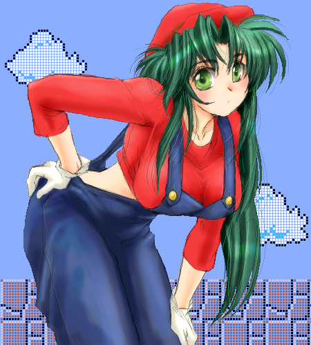 yagisaka seto, jochuu-san, mario, mario (series), nintendo, original, super mario bros. 1, lowres, 1girl, cosplay, female focus, green hair, mario (cosplay), oekaki, solo