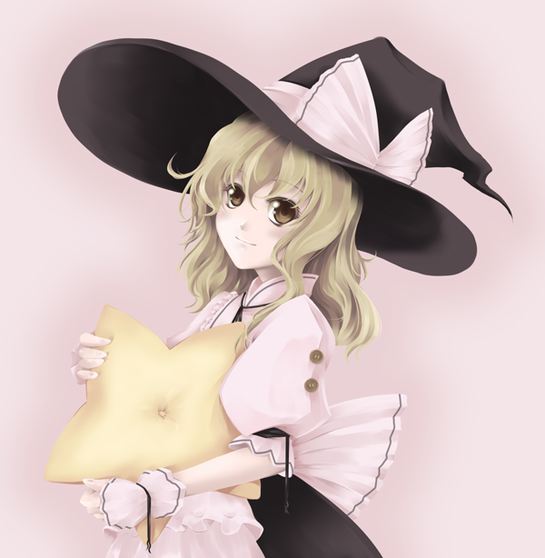 enishi midori, kirisame marisa, touhou, 1girl, blonde hair, blush, bow, female focus, frills, hat, long hair, simple background, solo, star (symbol), white background, witch hat
