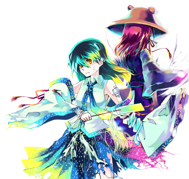 cis (carcharias), kochiya sanae, moriya suwako, touhou, 2girls, asymmetrical hair, back-to-back, blue skirt, brown eyes, detached sleeves, dress, female focus, frog hair ornament, gohei, green eyes, hair ornament, hat, holding, long sleeves, multiple girls, nontraditional miko, oonusa, purple dress, red hair, short hair, simple background, skirt, snake hair ornament, sweater, white background
