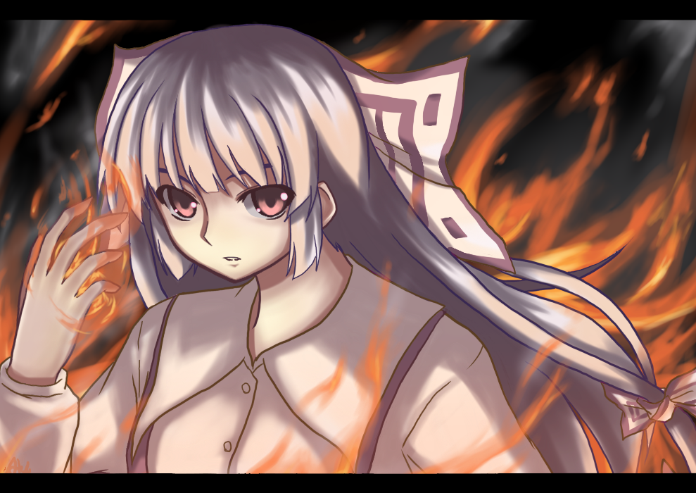akiyasu, fujiwara no mokou, touhou, silver hair, 1girl, bow, buttons, collared shirt, dress shirt, female focus, fire, hair bow, long sleeves, looking at viewer, red eyes, shirt, solo, suspenders, touhuya, white bow, white shirt