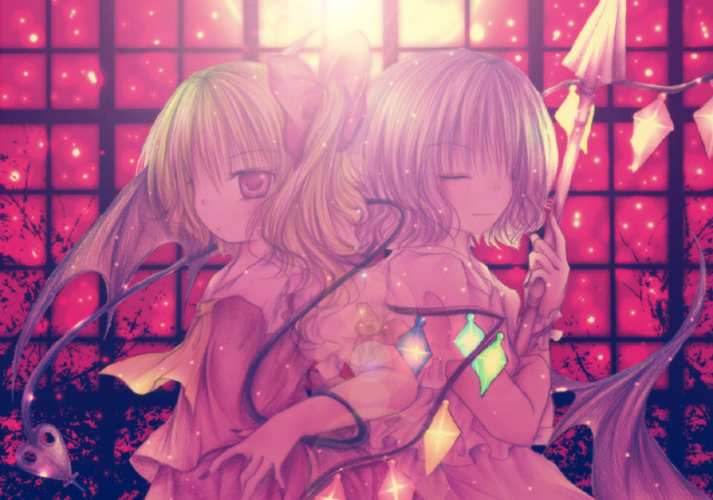 kasuga sunao, flandre scarlet, remilia scarlet, touhou, 2girls, female focus, hat, multiple girls, siblings, sisters, wings